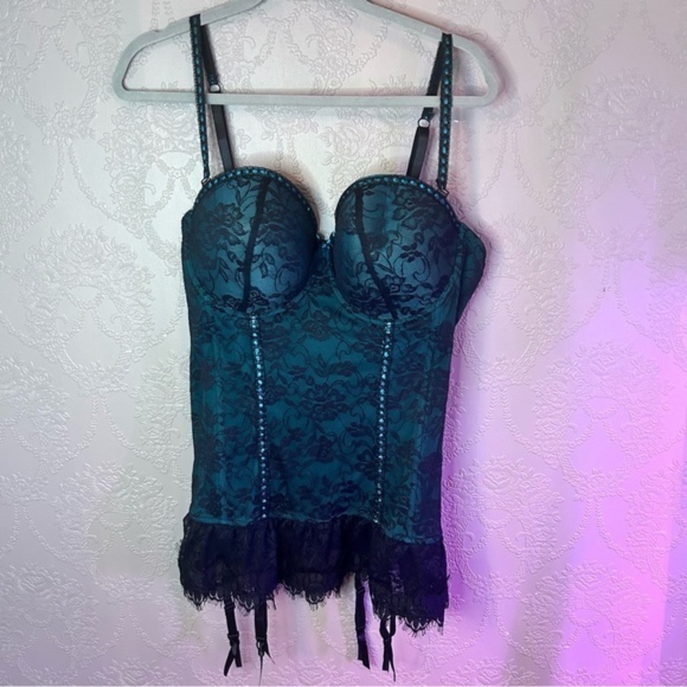 Elegant Lace Bustier in Teal and Black corset garter 2xl